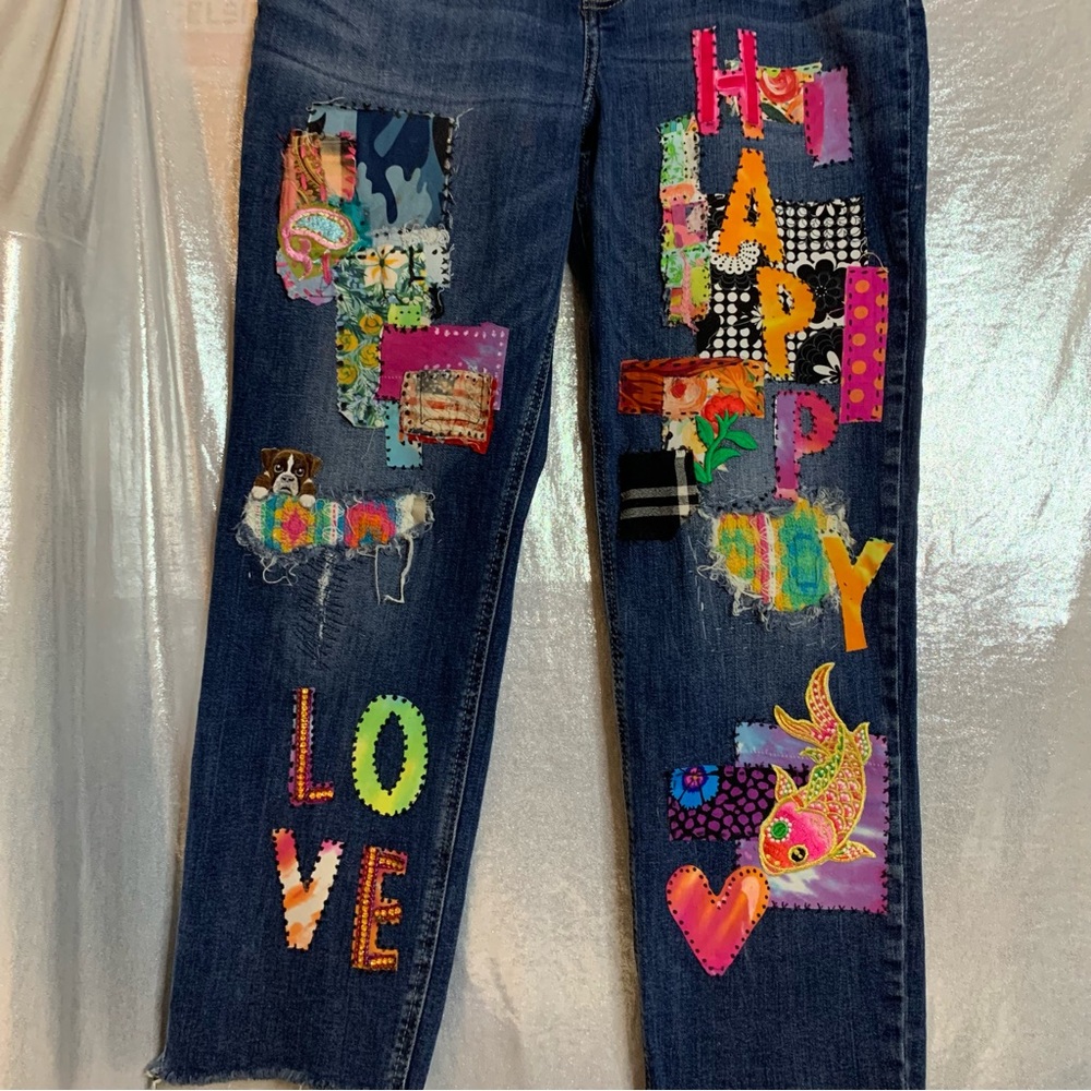 Colorful Upcycled Patchwork and Embellished Women's Denim Jean - Picture 3 of 13